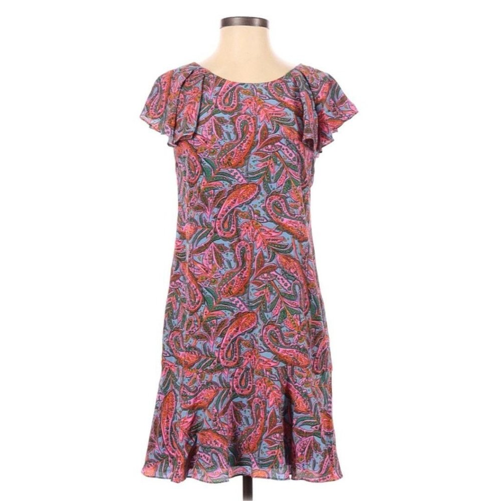 J. Crew 100% Silk Vibrant Paisley Flutter Sleeve Dress 0 Date Special Occasion